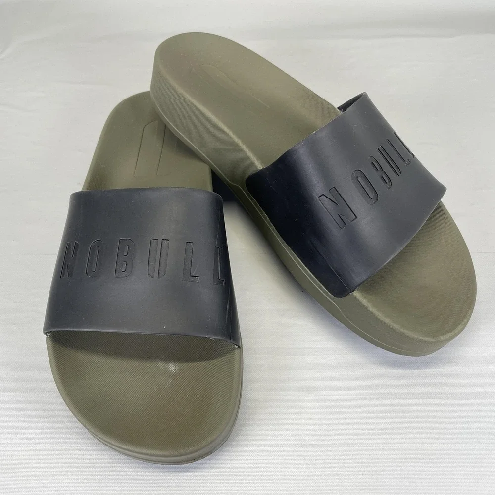 NOBULL Slide Sandals Mens Size 7 Black Olive Green Slip On Athletic Casual Shoes